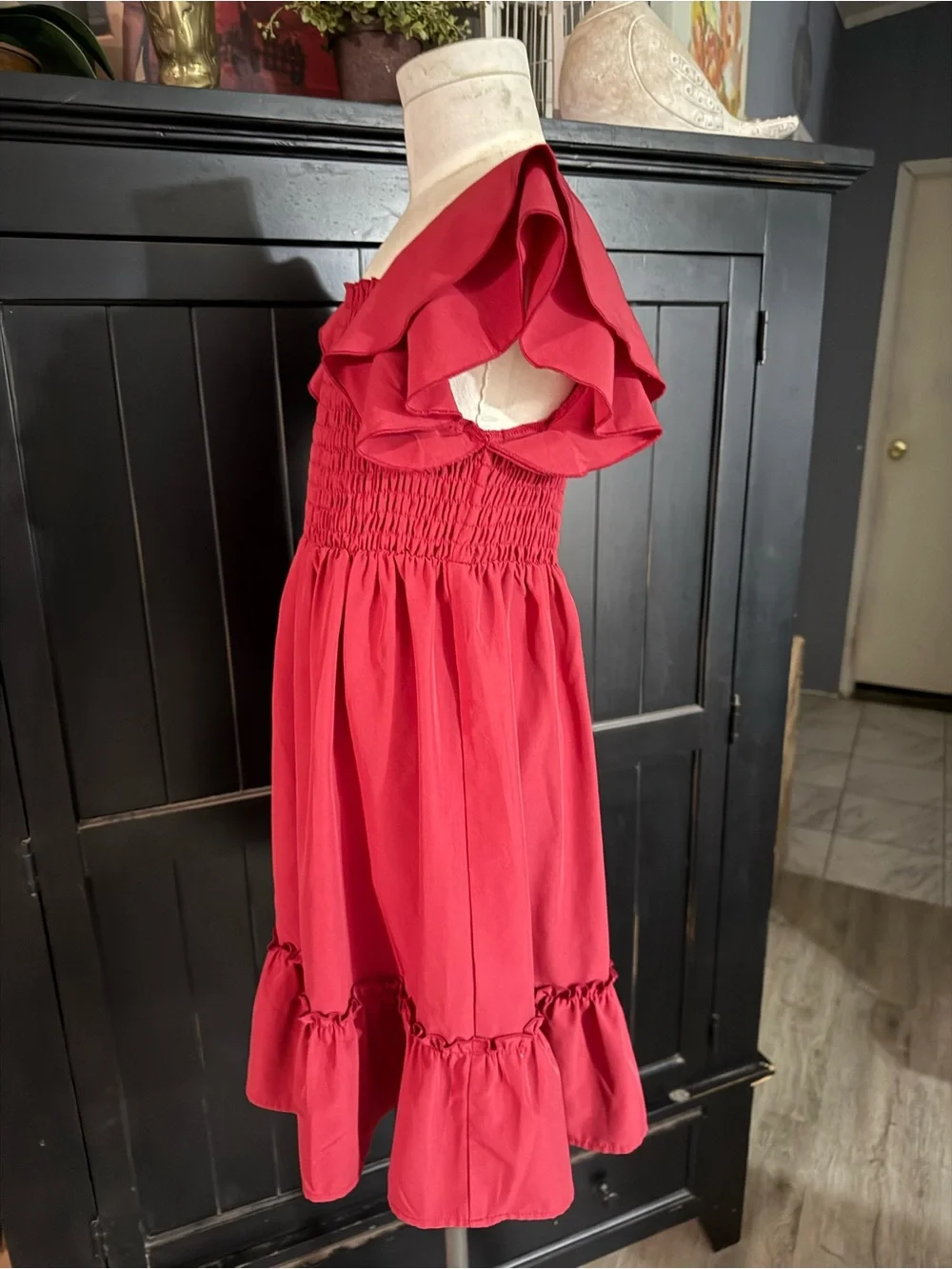 Girls Red Ruffle Sleeve Smocked Dress